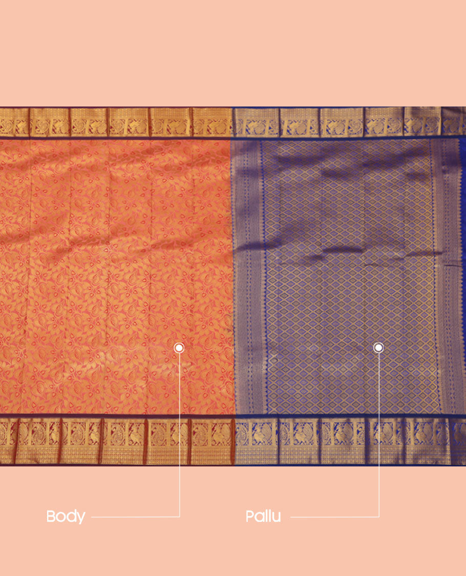 Orange Budget Silk Saree, Graced with Jacquard Design, a Contrast Traditional Zari Border, Jaal Pallu, and a Contrast Blouse
