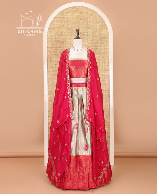 Chikku-Rani pink banarasi tissue half-saree, jacquard with contrast traditional stone work border skirt, matching blouse, and contrast embroidered Syska georgette scallop dhavani