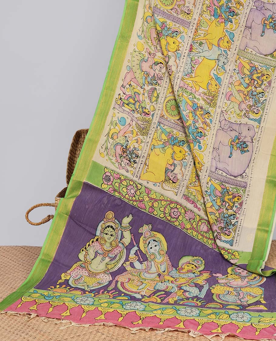 Cream pichwai style design handpainted pen kalamkari silk saree with plain contrast border & pichwai style design pallu