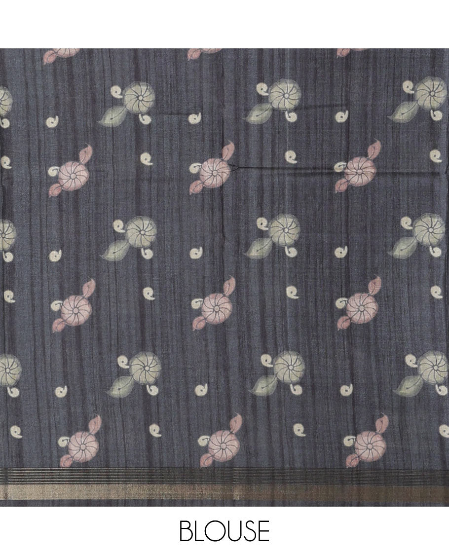 Black kalamkari ancient human figurines and animal motifs printed semi-tussar saree, gold zari piping border, printed pallu, and contrast printed blouse