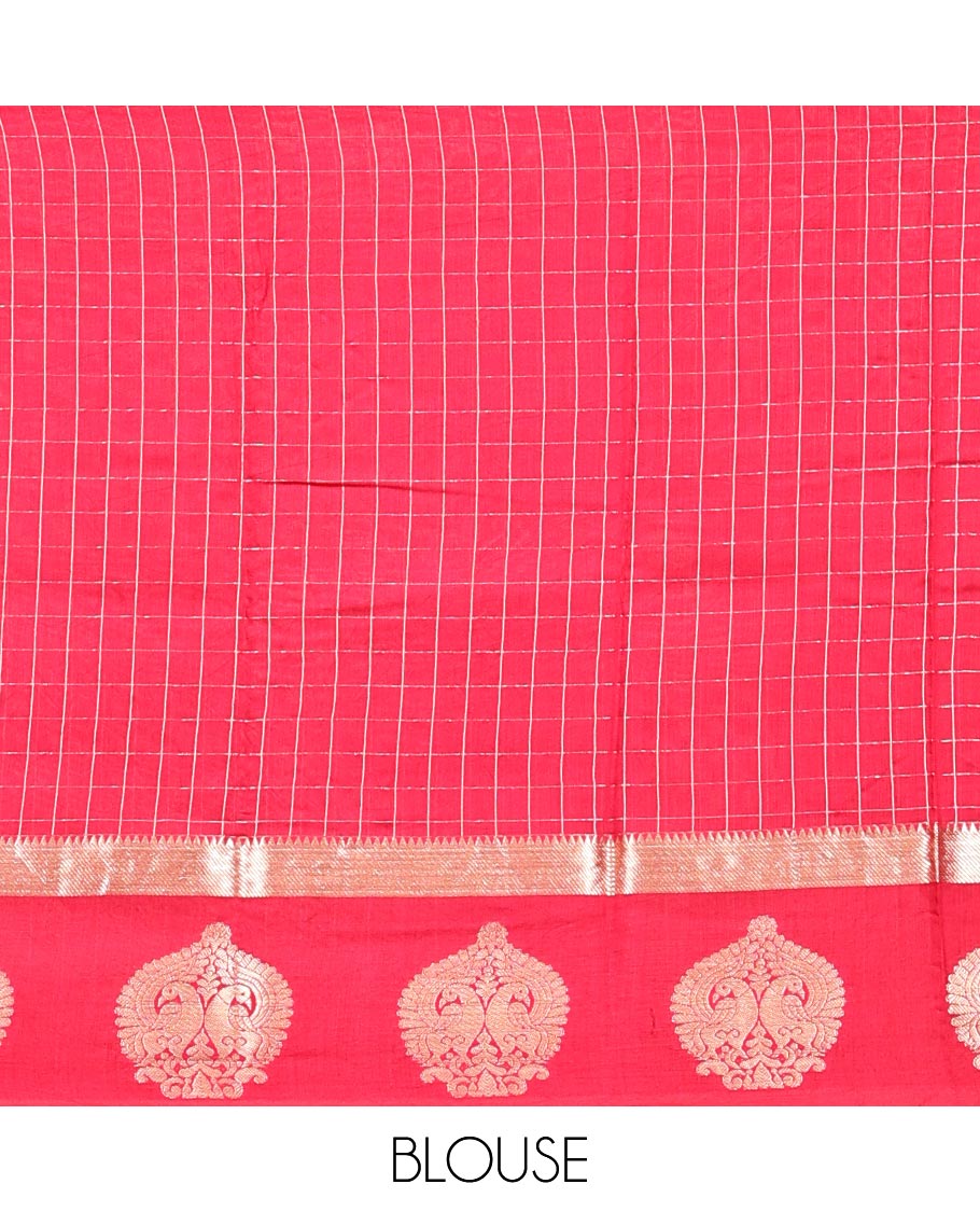 Green Assam Silk Saree, Decked Up with Checks, Complemented by Contrast Peacock Design Border, Zari-Striped Pallu, and a Contrast Blouse