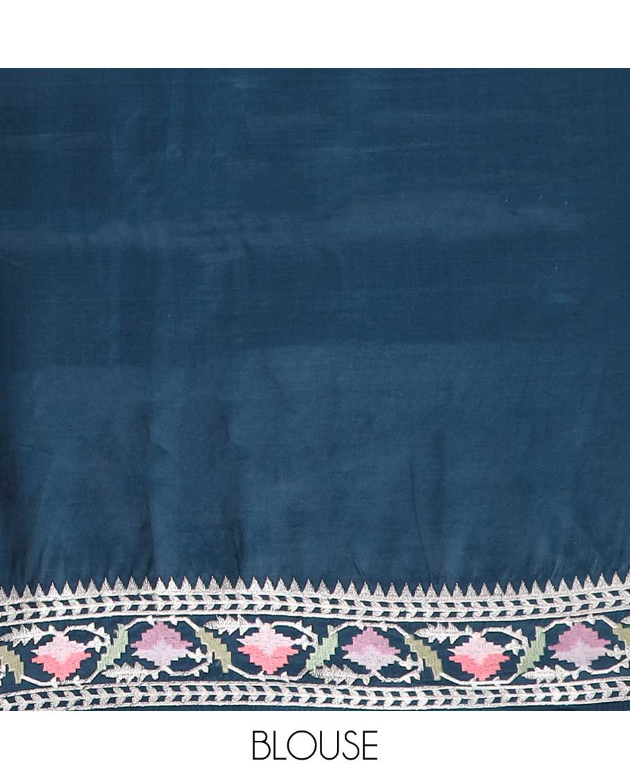 Blue  floral embroidery semi-banaras tussar saree with scallop border