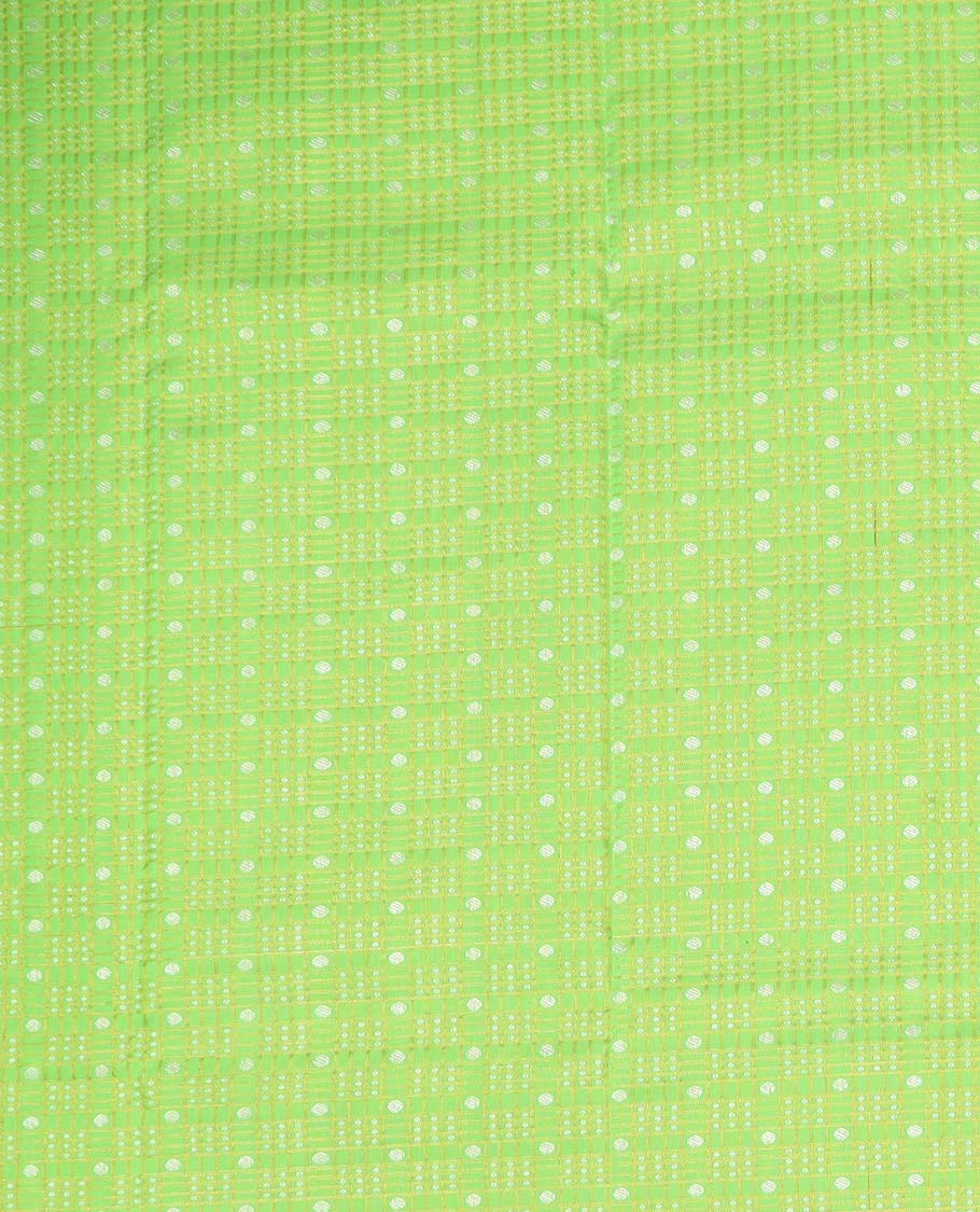 Green checked, floral design pure silk half silk saree with contrast zari border , contrast zari design blouse & plain with zari border dhavani