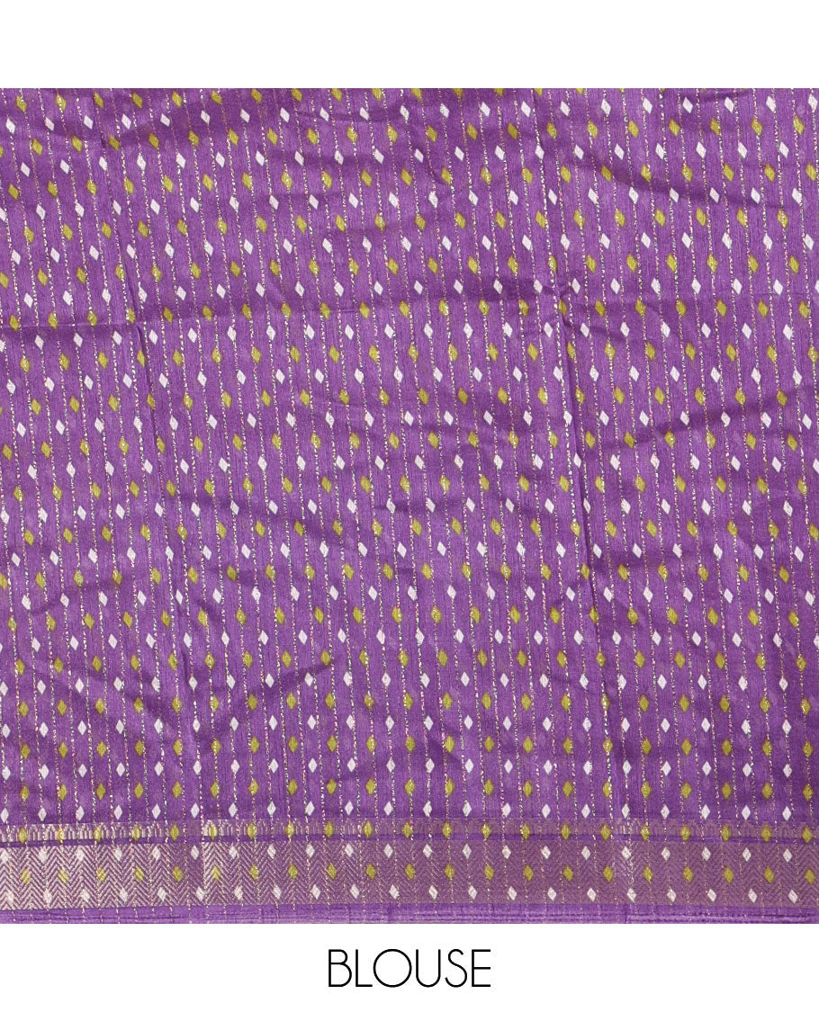 Lavender zari striped & sunflower motifs printed dola silk saree, traditional zari border, ikkat printed pallu & printed blouse