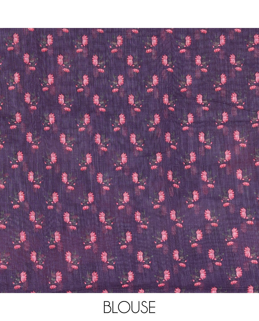 Borderless purple pichwai lotus vine and cows linen saree, pichwai printed pallu, and lotus floral printed blouse