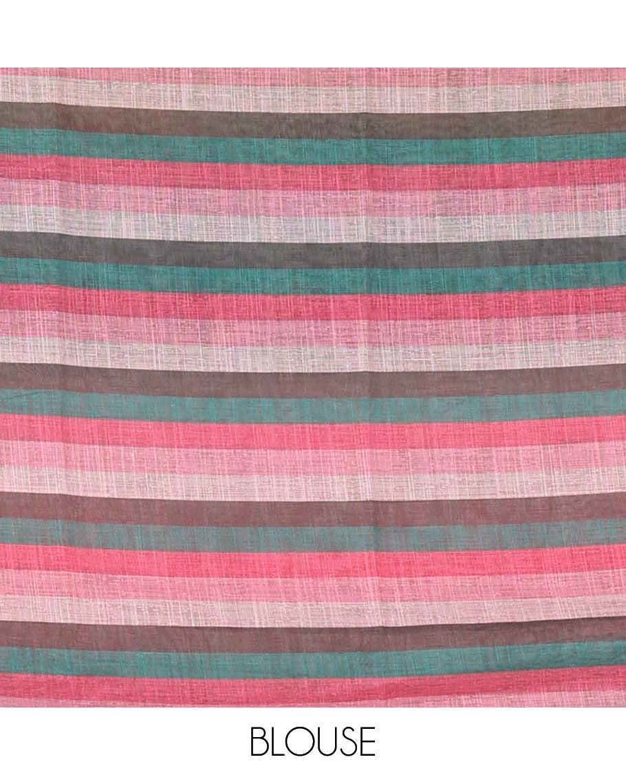 Borderless multi-color ombre striped & hand-painted flora & Radha motif printed linen cotton saree, Radha motif printed pallu & multi-color striped blouse