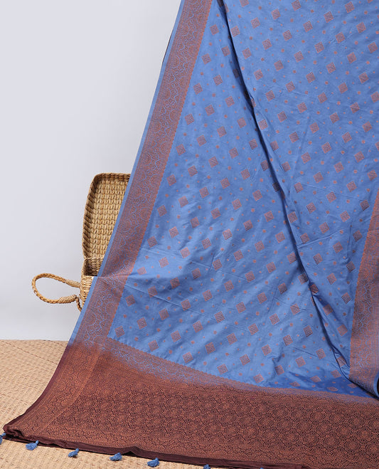 Violet geometric motifs semi-banaras tussar saree with contrast zari border & pallu of jaal design