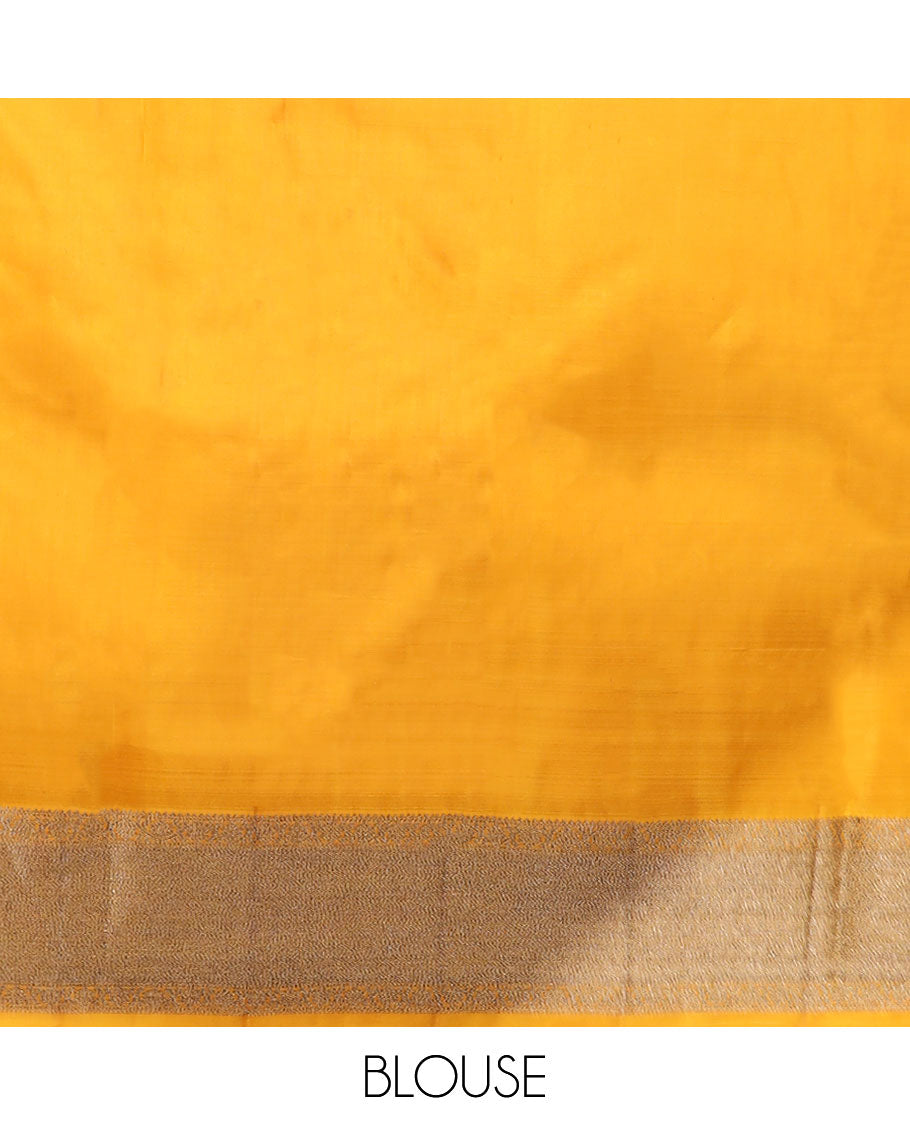 Yellow round buttas kancheepuram silk saree with self zari design border & in tricate zari design border