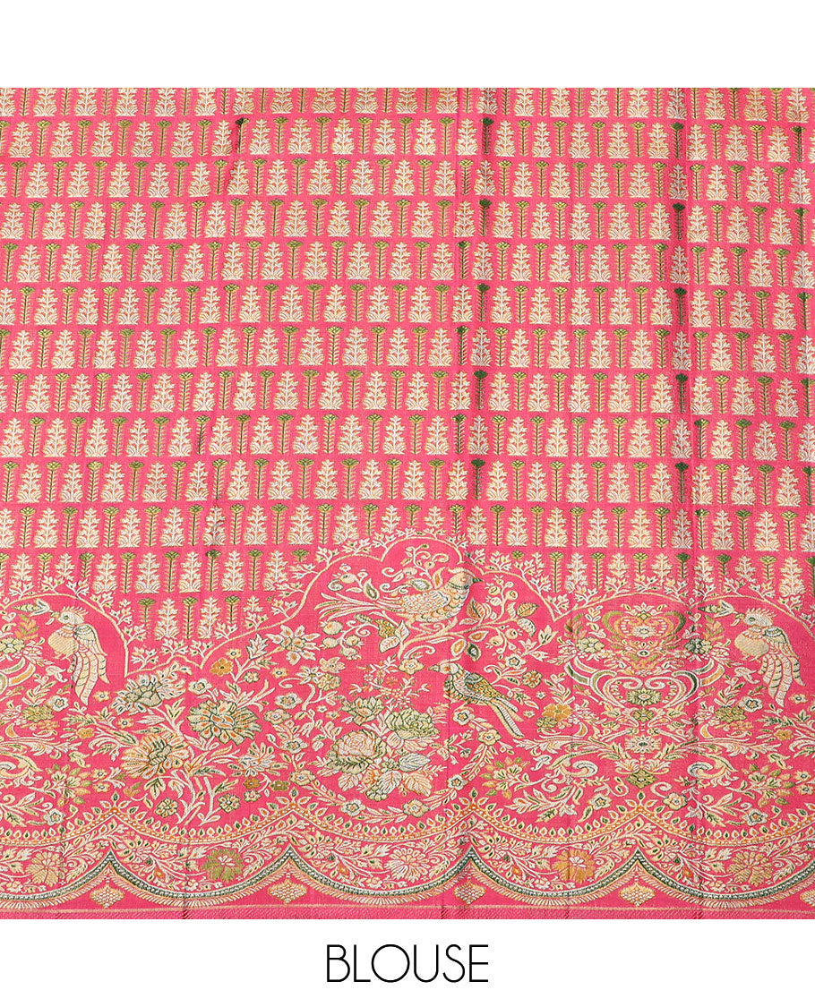 Pink floral jaal meenakari jacquard silk saree, scallop zari floral creeper design & meenakari floral design pallu