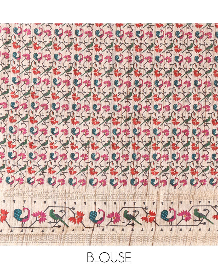 Pink muniya motifs katan silk saree, contrast paithani style border, pallu and blouse steeped with peacock, parrot, and floral motifs