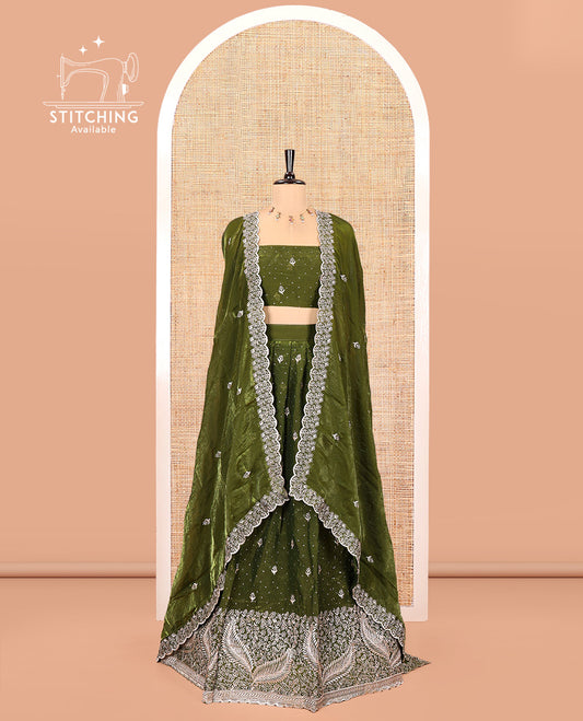 Green Fendi Organza Half-Saree, with Embroidered Buttas on Its Skirt, Embroidered Border with a Matching Blouse, and an Embroidered Organza Scallop Dhavani
