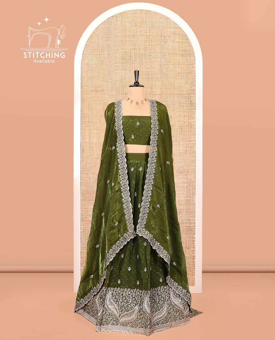 Green Organza Half-Saree, with Embroidered Buttas on Its Skirt, Embroidered Scallop Border, Paired with a Matching Blouse, and an Embroidered Fendi Organza Scallop Dhavani