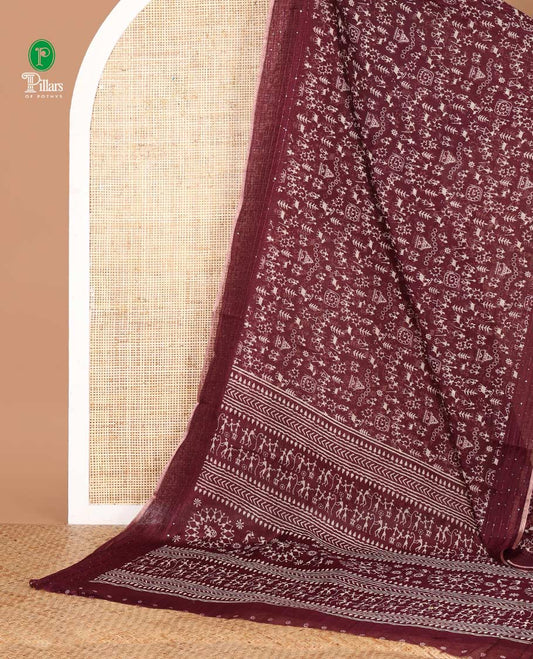 Wine color worli printed soft mercerised cotton saree with sequins work border & printed pallu along with butta design blouse