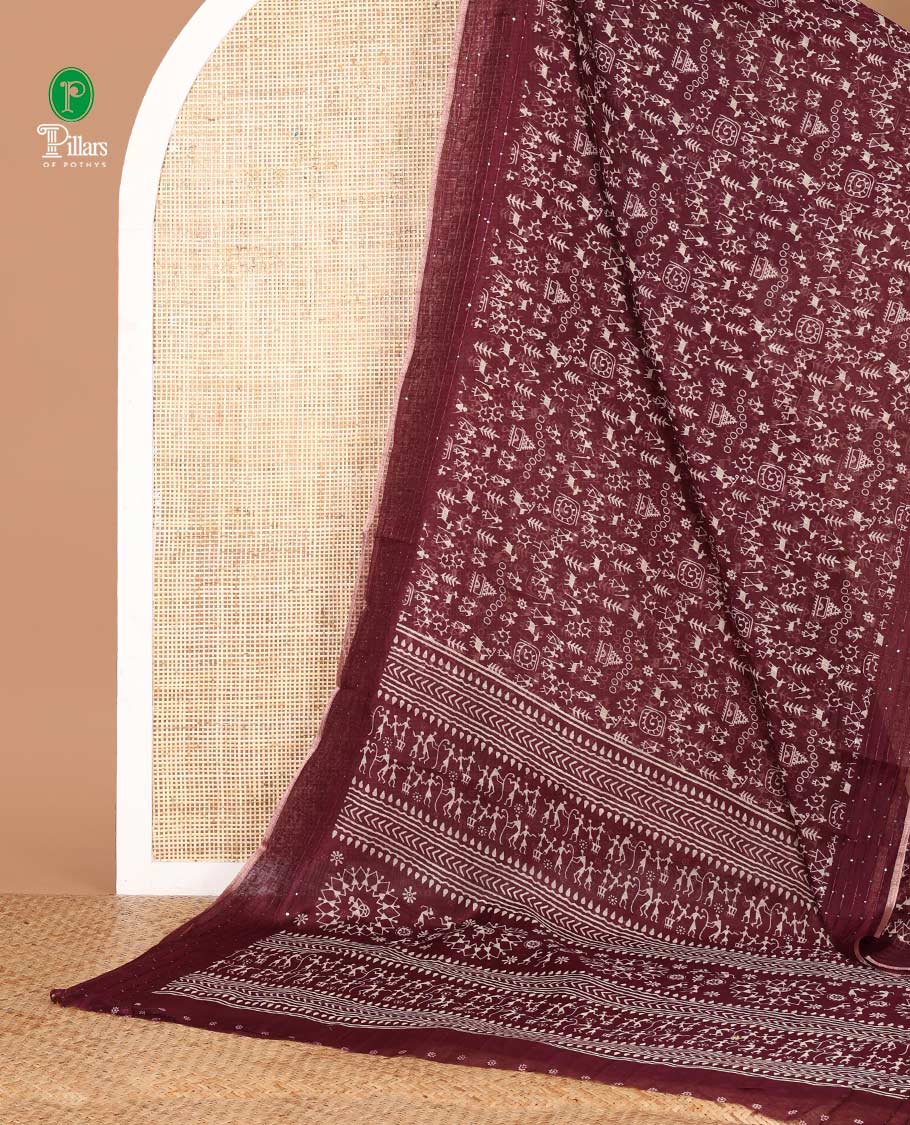 Wine color worli printed soft mercerised cotton saree with sequins work border & printed pallu along with butta design blouse