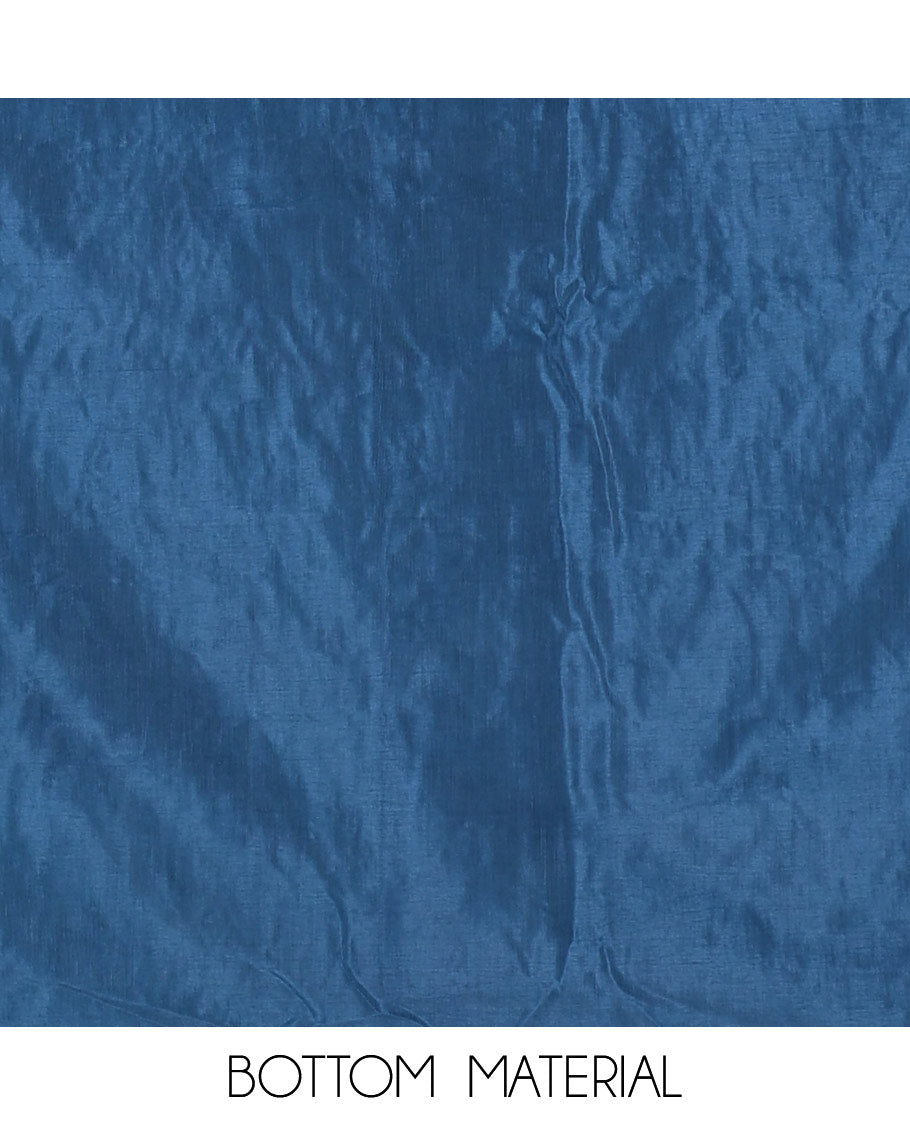 Peacock blue material chudidar set, intricate thread embroidered with stone work velvet organza top, a matching santoon bottom, and a embroidered velvet organza dupatta