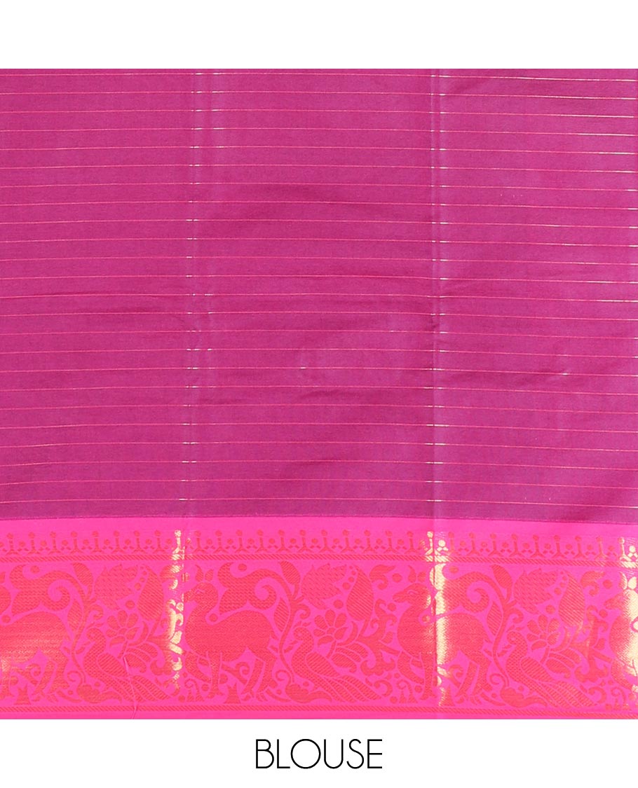 Navy blue golden zari checked semi-taffeta saree, contrast zari border of deer and peacock motifs, striped pallu, and a contrast zari design blouse