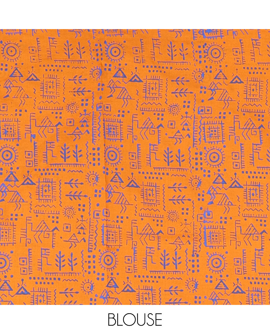 Blue plain South cotton saree, Warli village theme hand block printed border, and pallu, along with contrast printed blouse