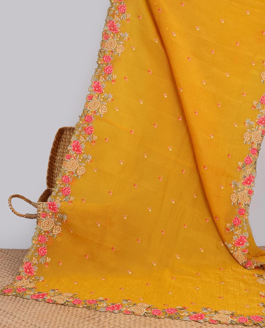 Yellow crushed tissue saree with scallop floral border & motif embroidery pallu
