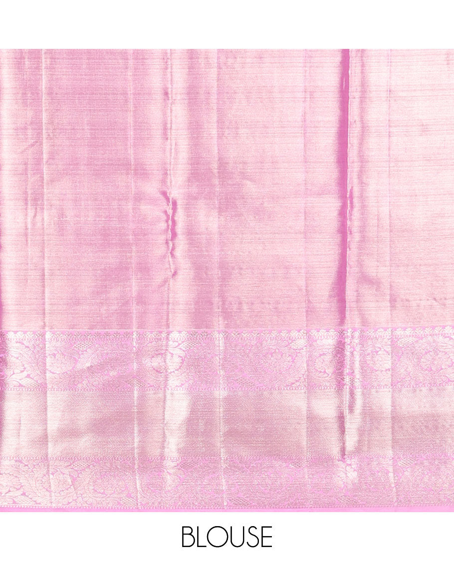 Lavender geometric kancheepuram tissue silk saree, self border of rekku, muthu , banaras design & intricate zari pallu