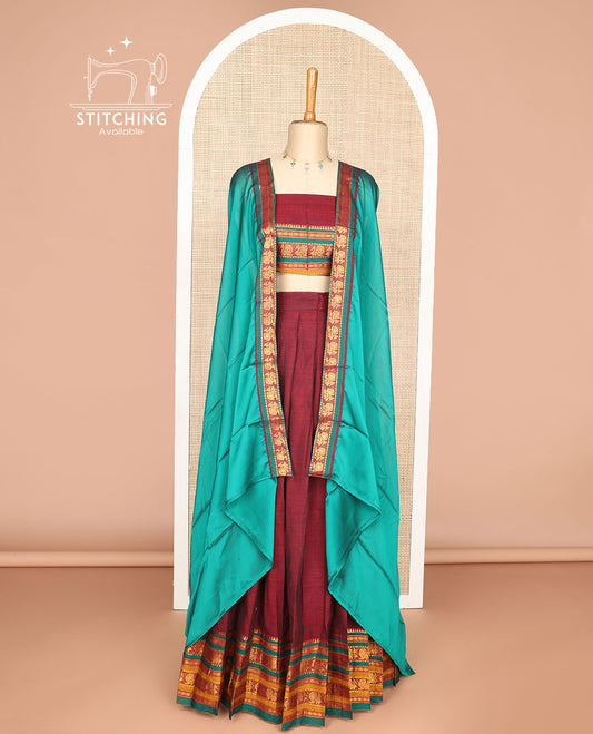 Maroon cotton half saree with contrast striped, mayil zari design border, zari design blouse & zari design border dhavani