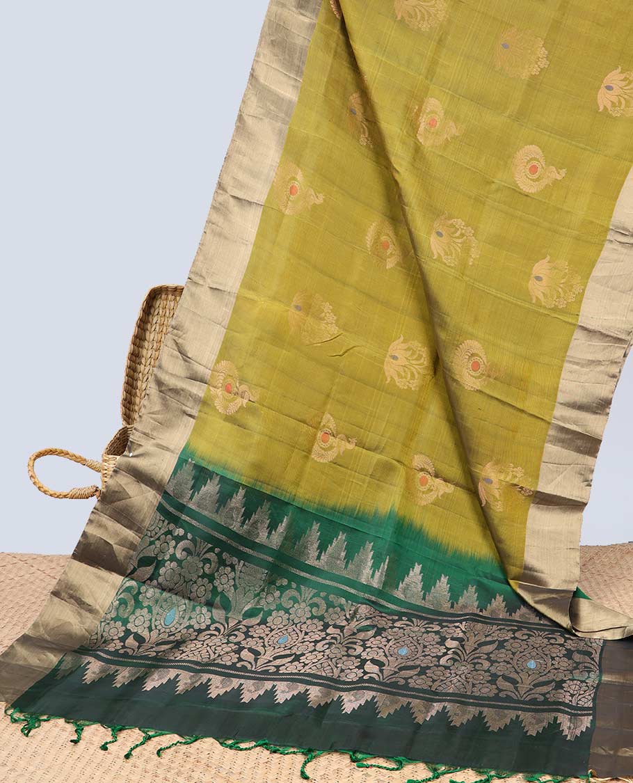 Green floral motifs semi-soft silk saree with contrast zari border & floral, temple zari design pallu