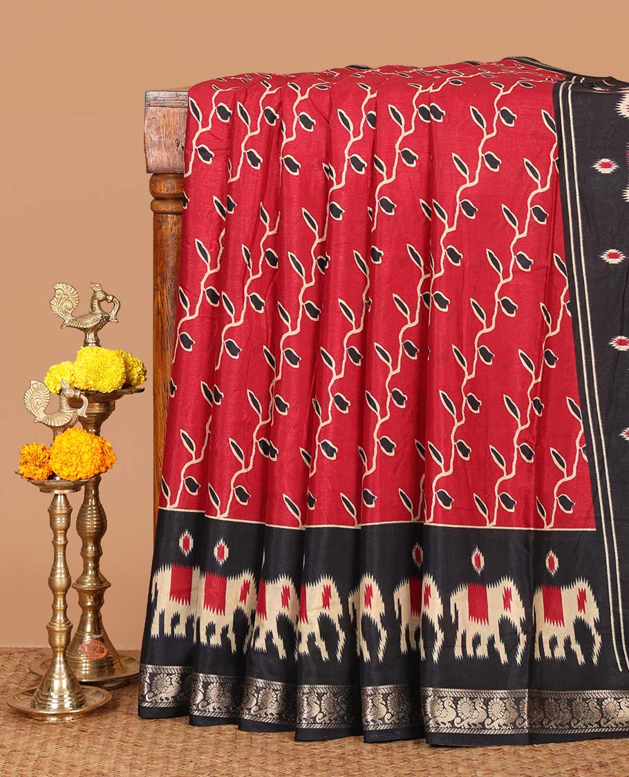 Red floral vine printed Assam cotton saree,contrast border of ikat elephant print & zari peacocks,ikat jaal pallu & ikat print blouse