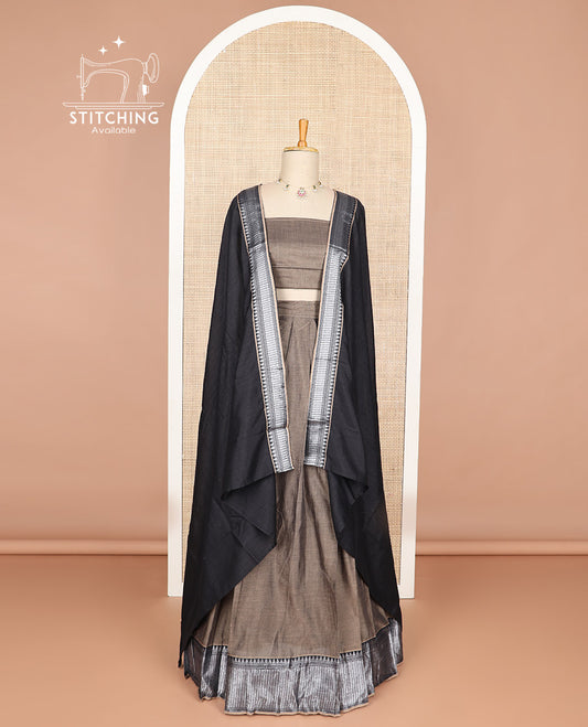 pale brown cotton half saree with contrast zari design border, zari design blouse & plain, zari design border dhavani