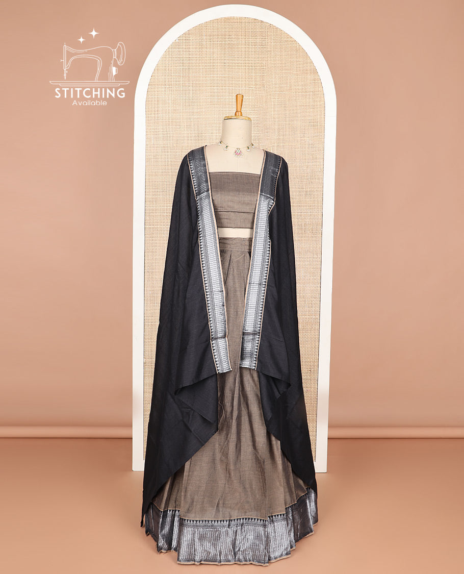 pale brown cotton half saree with contrast zari design border, zari design blouse & plain, zari design border dhavani