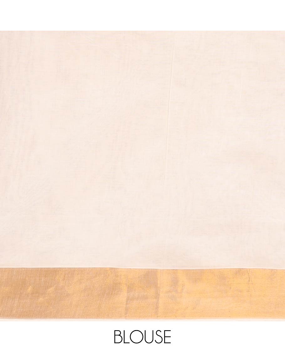 Cream with violet flower butta kerala cotton saree with zari bawanchi border & printed pallu along with plain blouse