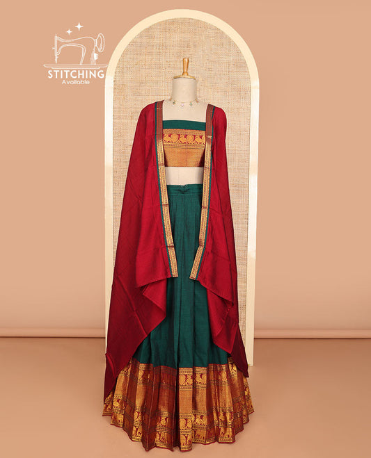 Green cotton half saree with contrast zari design border, zari design blouse & plain, intricate zari design border dhavani
