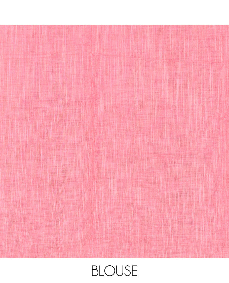 Borderless peach umbrella motifs printed linen cotton saree, self-pallu of big umbrella motifs and contrast blouse