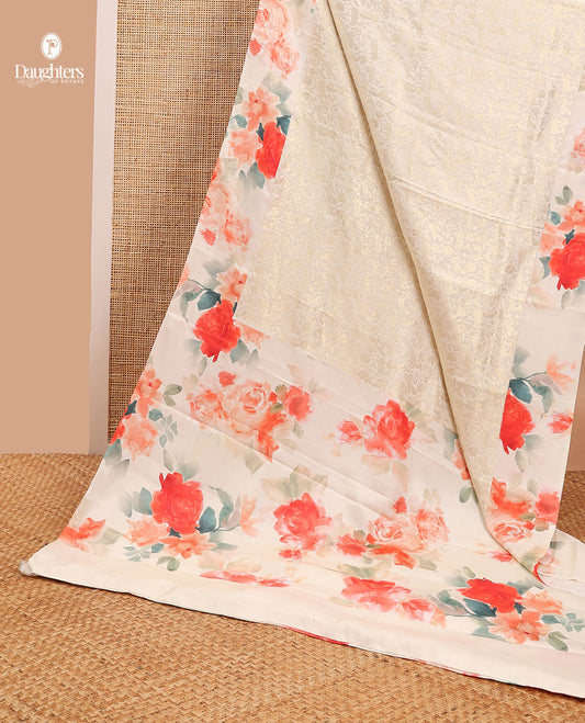Cream floral jacquard crepe saree with self floral design border & floral printed pallu