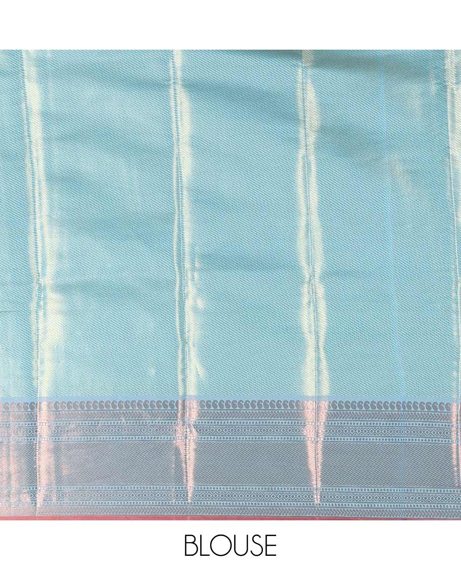 Lavender resham rose motifs and zari woven Kanchi tissue saree, contrast traditional zari border, gleaming pallu, and a contrast jacquard blouse