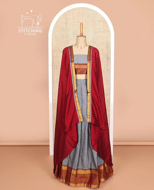 Grey cotton half saree with contrast zari design border, zari design blouse & plain , zari design border dhavani