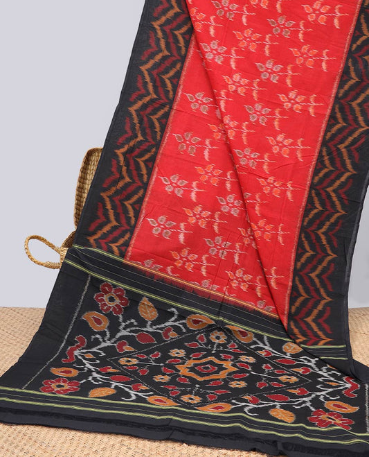 Red floral ikkat cotton saree with contrast gemontric design border & floral design pallu