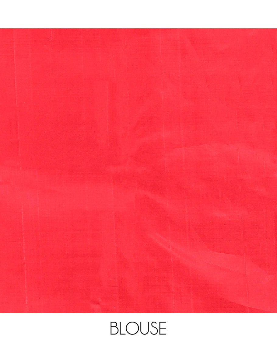 Borderless Red Kanchipuram Designer Silk Saree, Opulently Embellished with Floral Jaal Designs in Skirt-Border-Style, Pallu Features Jaal and Vanasingaram Designs, Paired with a Matching Blouse