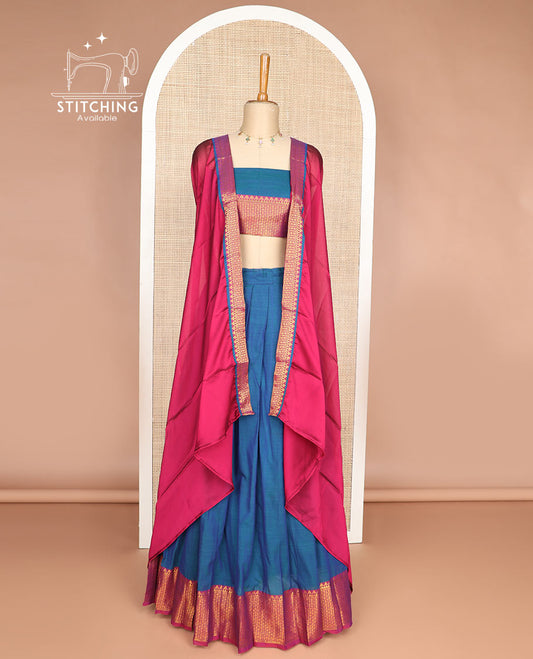 Blue cotton half saree with contrast checked, temple border, zari design blouse & temple border dhavani