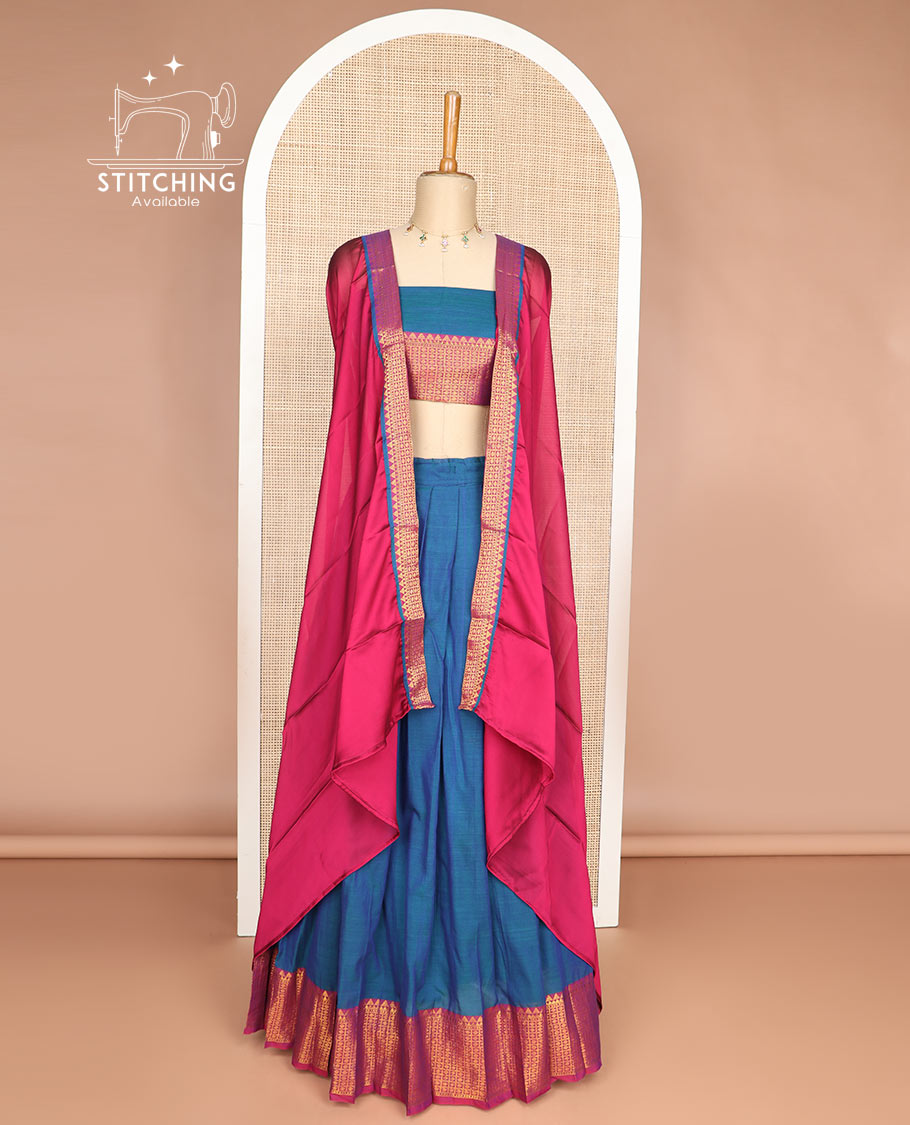 Blue cotton half saree with contrast checked, temple border, zari design blouse & temple border dhavani