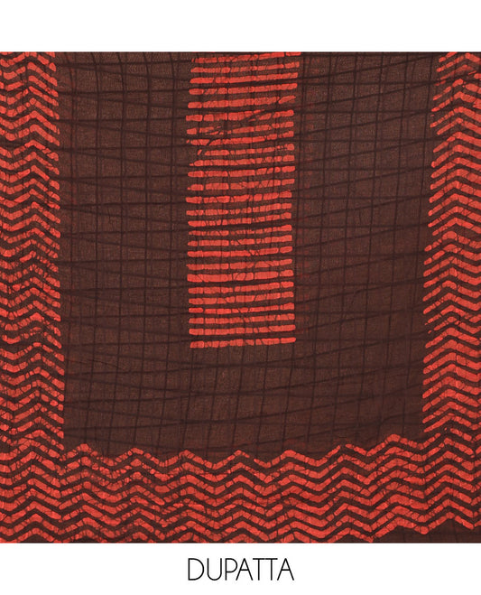 Maroon material chudidar set, batik print, mirror work and kantha work cotton top, cotton bottom, and batik printed dupatta