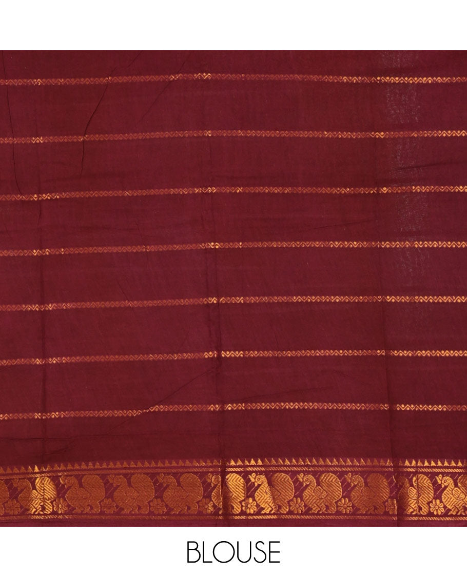 White-purple Tamil letters printed Sungudi cotton saree, contrast rudraksham rettai pettu zari border, striped pallu & contrast veldhari striped blouse