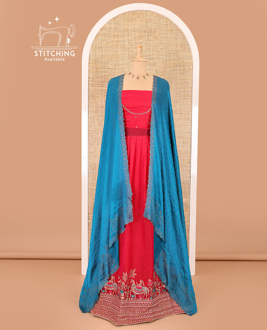 Red half-saree, Swarovski stone work with girl-on-the-horse motifs embroidered bordered satin georgette skirt, a matching satin georgette blouse, and a contrast Swarovski stone work scallop dhavani