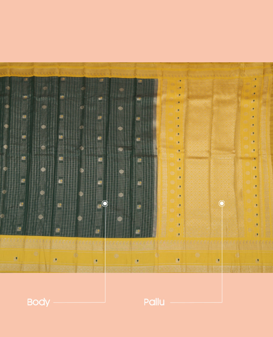 Green Litchi Saree, Gleamed Up with Peacock-Chakram Buttas and Checks, a Contrast Traditional Zari Border, Finely Crafted Pallu, and a Contrast Blouse