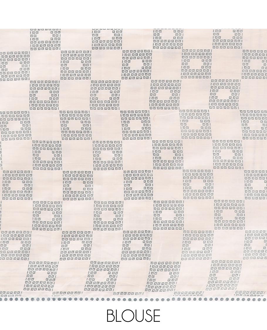 White digital block print semi-tussar saree with self double side kantha stitching border & embroidery pathik pallu