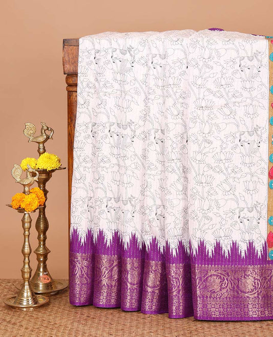 White pichwai cow & lotus printed dola silk saree,contrast purple temple traditional zari border, kalamkari printed pallu & printed blouse