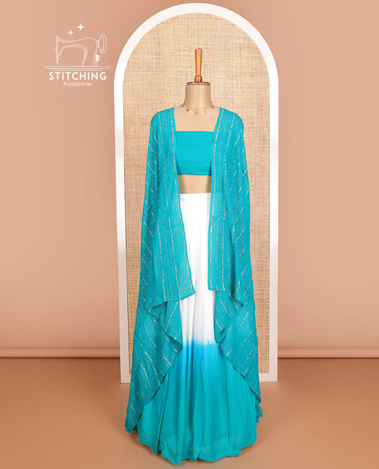 White & blue  georgette half saree with plain blouse & striped dhavani