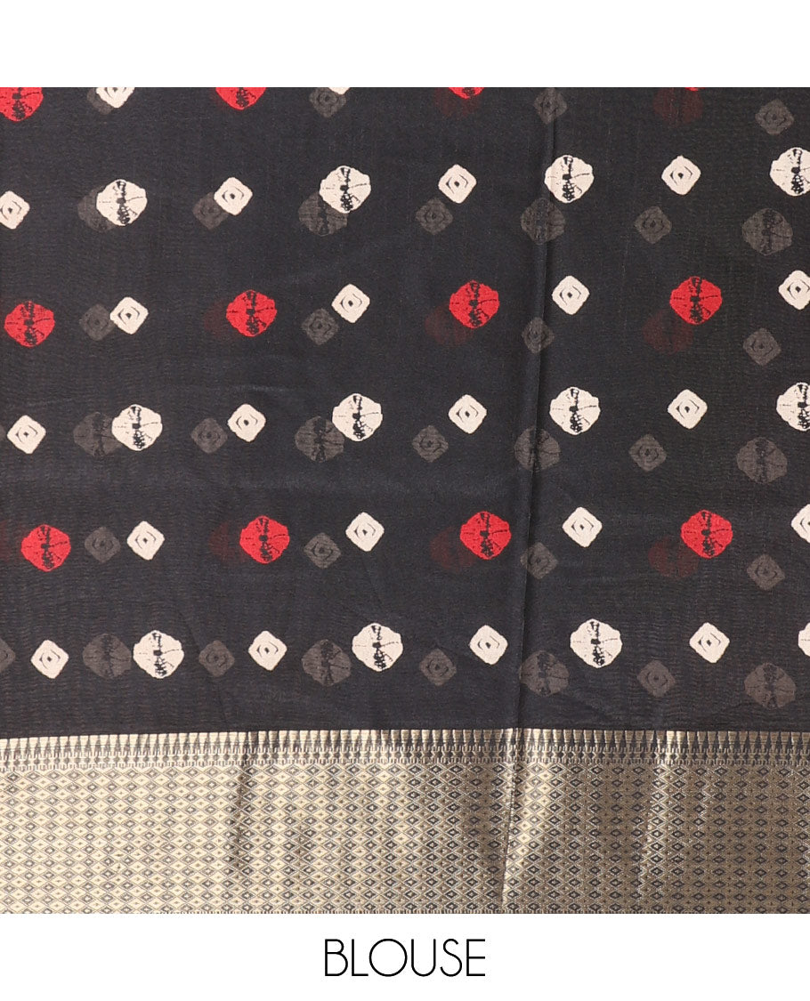 Black shibori printed dola silk saree, traditional zari border, printed pallu, and blouse of print, and zari work