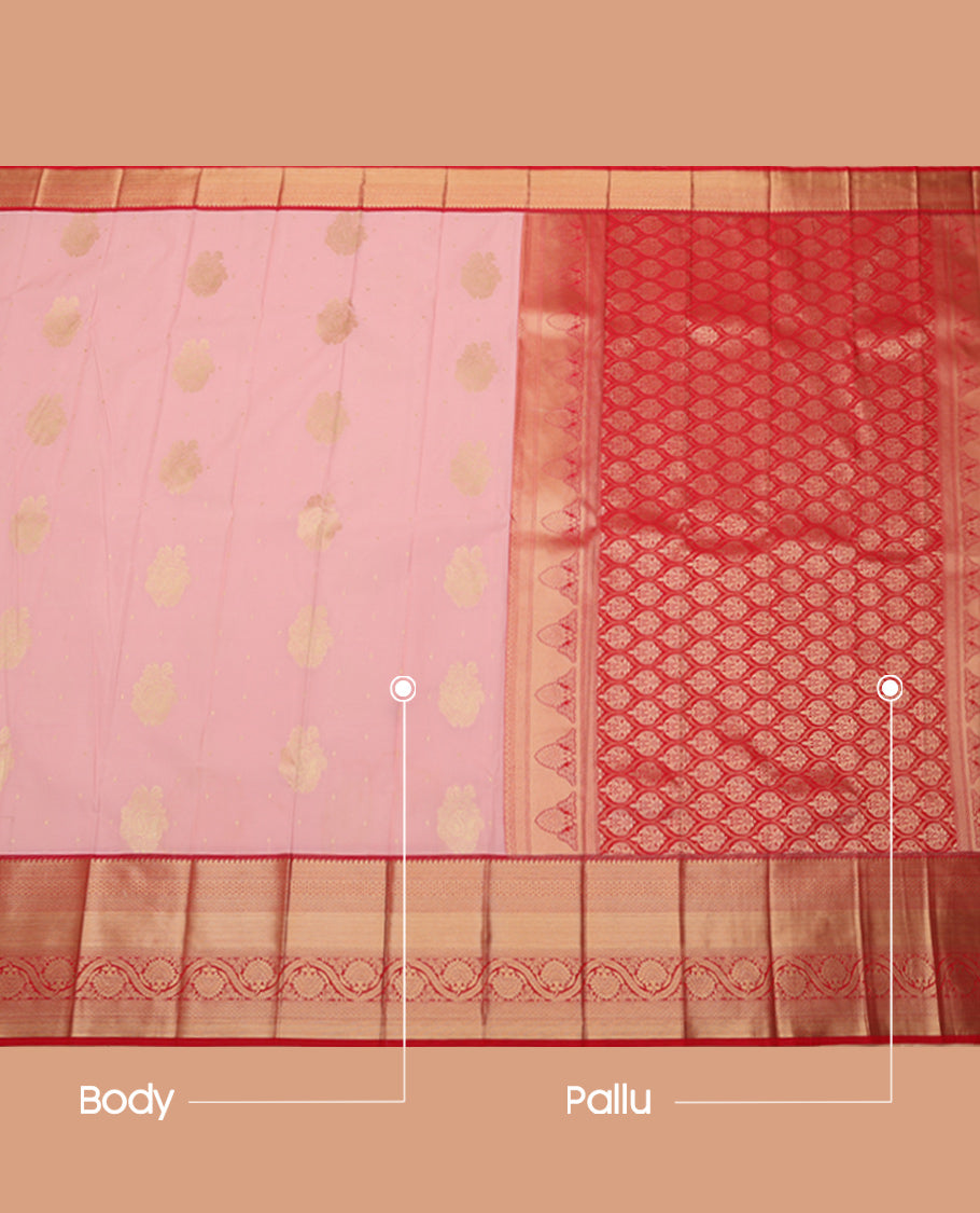 Pink Budget Silk Saree, Sparsely Sparkled with Zari Buttas, Complemented by Contrast Traditional Zari Border, Grand Pallu, and a Contrast Blouse