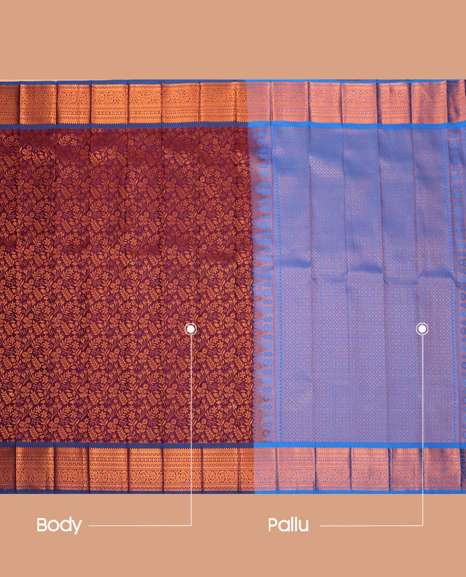 Maroon Budget Silk Saree, Graced with Floral Vine Design, Complemented by Contrast Traditional Floral Creeper Zari Border, a Jaal Pallu and a Contrast Blouse