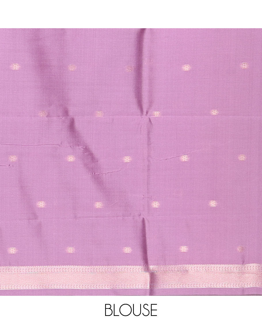 Lavender zari buttas kanchi silk saree, temple zari border, zari-rich jaal pallu, and zari motifs woven blouse