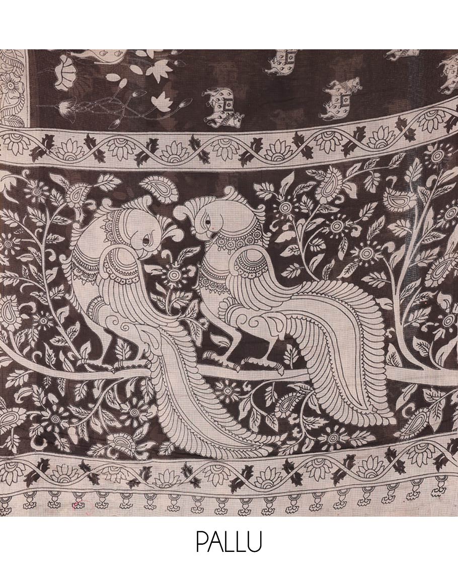 Black Kota Cotton Saree, Artfully Printed with Pichwai Cow Motifs on Its Body, Complemented by Contrast  Border of Floral Creeper Print, Pallu Pictures Kalamkari Peacock and Floral Designs, and Paired with a Contrast Floral Printed Blouse